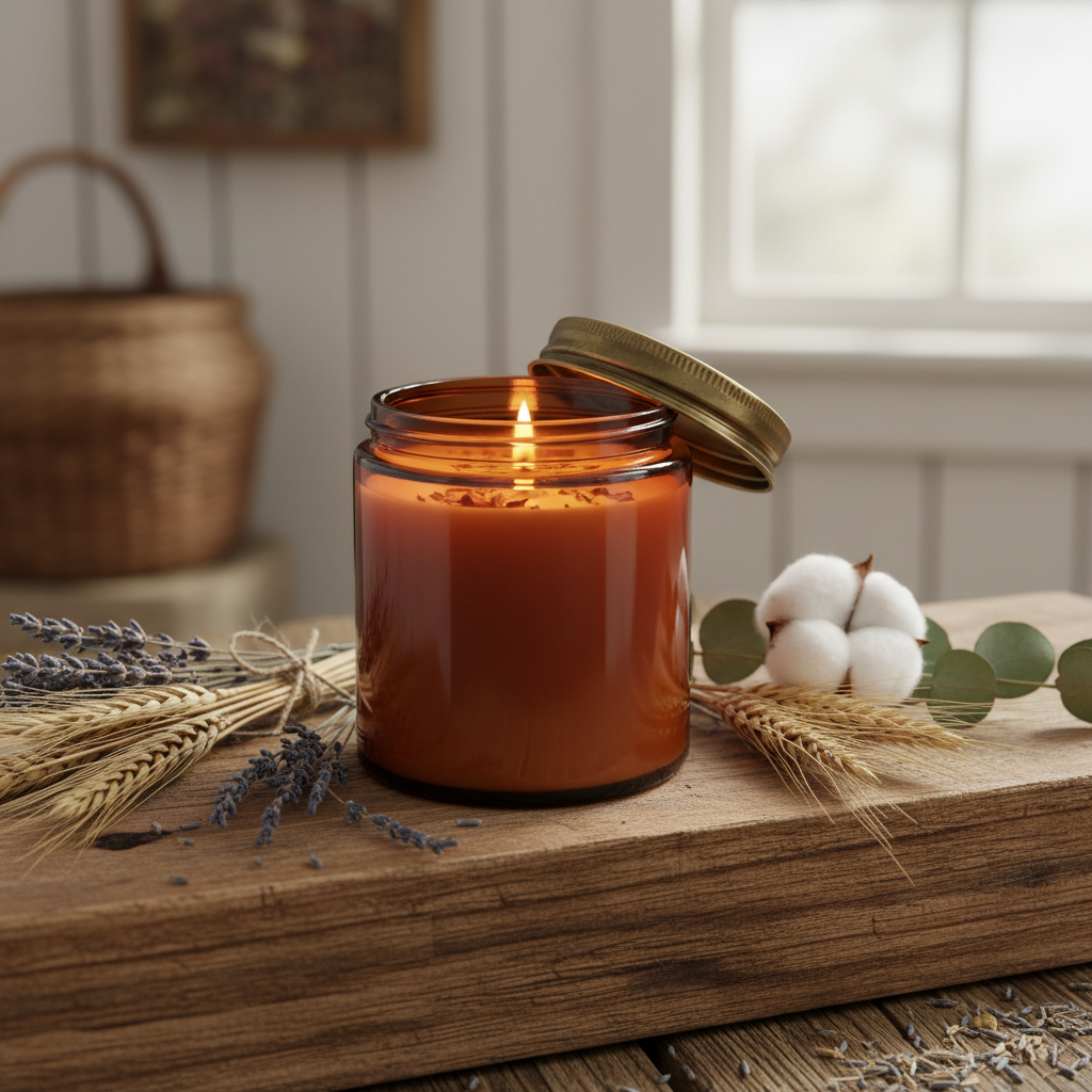 Candle in amber glass jar with metal lid